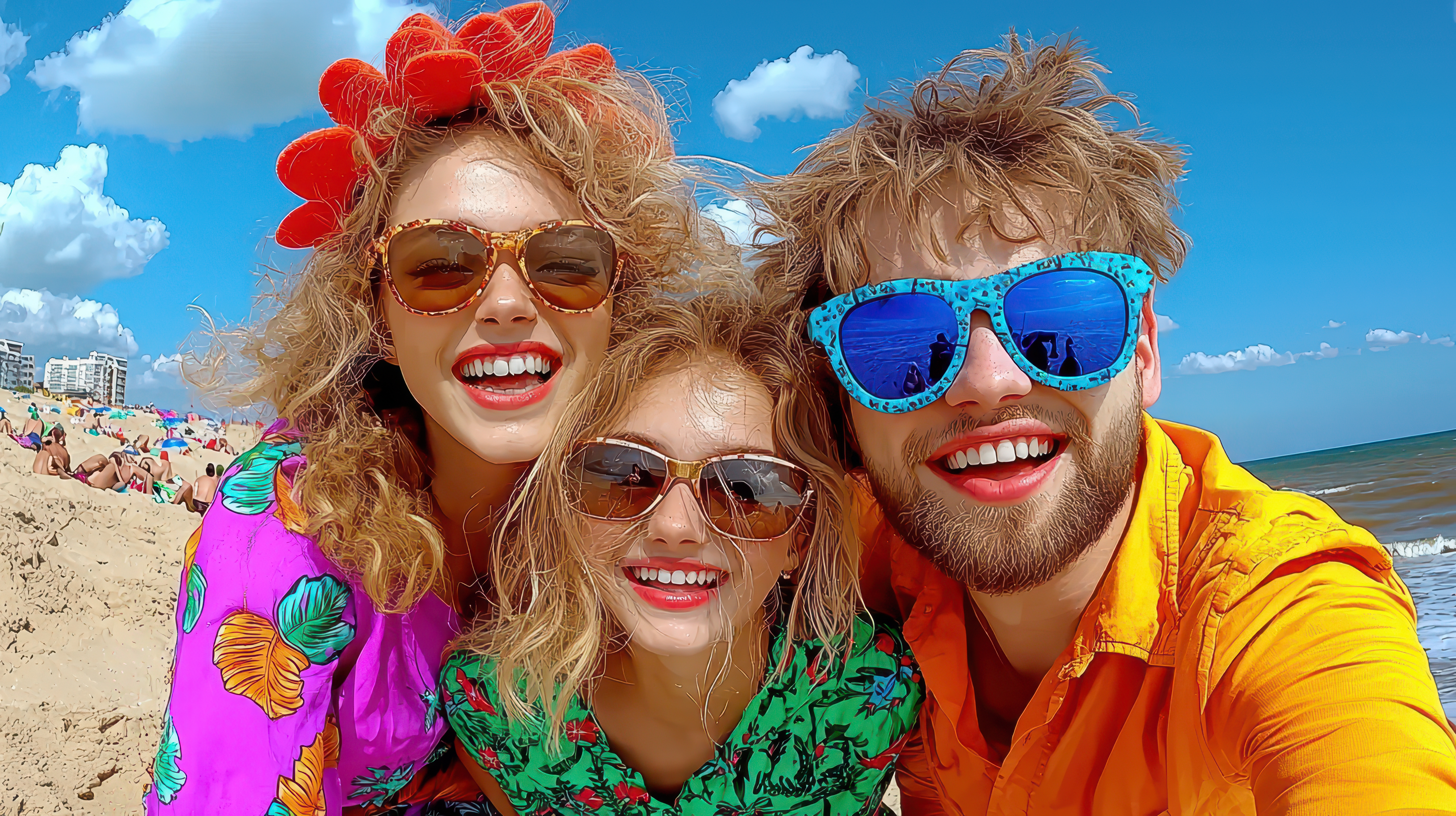 Joyful Beach Selfie Three Smiling Young Adults in Bright Clothing and